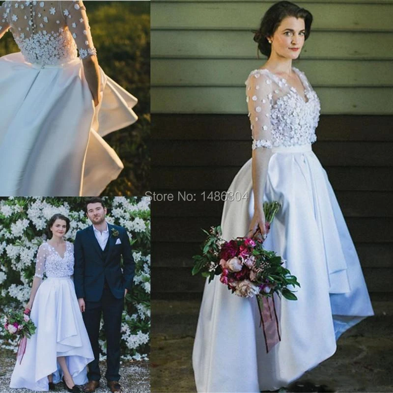 2019 High Low Country Wedding Dresses with Applique Illusion Half Sleeves Bridal Gowns V Neck Sexy Buttons Back Formal Party A Line Dress (5)