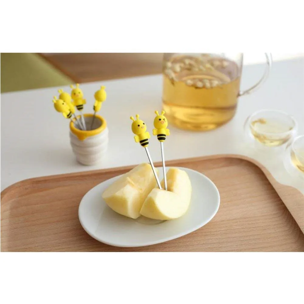 Cute Cartoon Salad Forks Mini Dessert Fruit Forks Holder Stainless Steel with A Holder Silicone Handle Cake Food Pick Fork Set 6 Pcs for Home and Restaurant (Bee)04