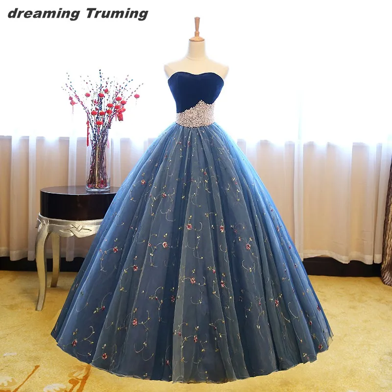 

Velvet Blue 2019 Ball Gowns Quinceanera Dresses Tulle Pearls Lace Sweet 16 Dresses Vestidos De 15 Anos Debutante