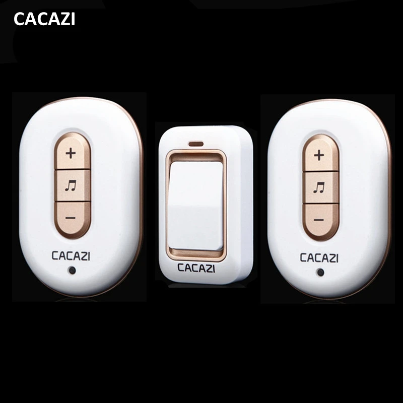 

CACAZI Wireless Cordless Doorbell Remote Door Bell Chime,One Button and Two Receivers,No need battery,Waterproof, EU/US/UK Plug
