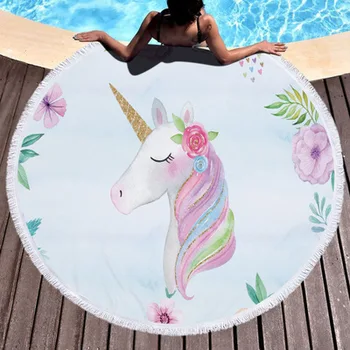 

150cm round Fashion Unicorn Style Beach Towel with Bundle Pocket Set Portable Swimming Bath Drawstring Bag Sport Yoga Blanket