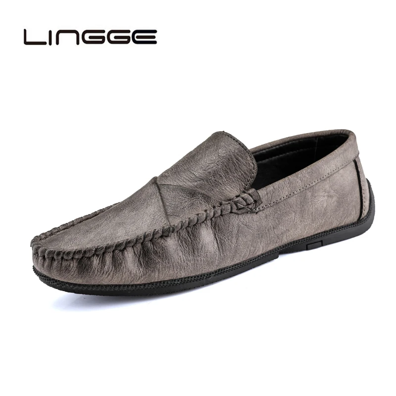 

LINGGE 2019 New Men Shoes Luxury Brand Genuine Leather Casual Lazy Driving Shoes Loafers Moccasins Slip on Italian Shoes for Men