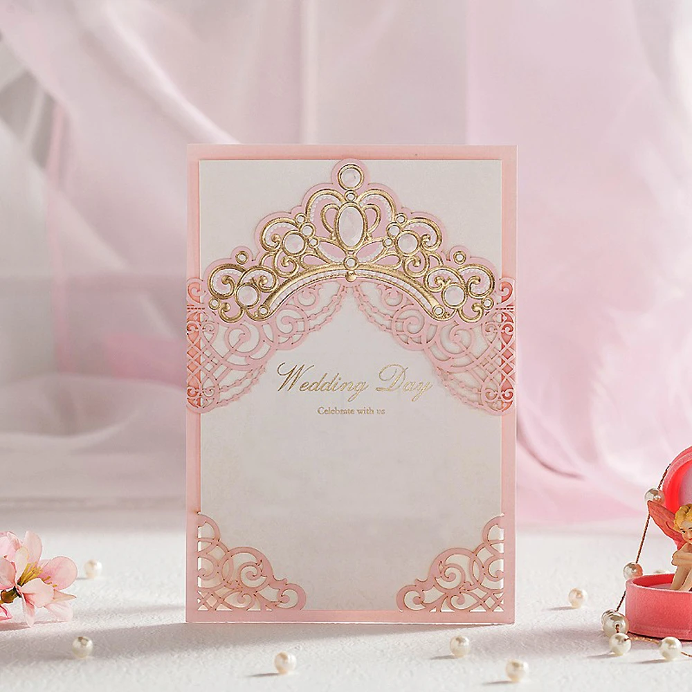 

WISHMADE Pink Red Laser Cut Wedding Invitations Cards With Hollow Flora Design for Engagement Bridal Shower Printable CW6072