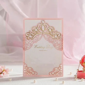 

WISHMADE Pink Red Laser Cut Wedding Invitations Cards With Hollow Flora Design for Engagement Bridal Shower Printable CW6072