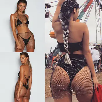 

Women Sexy Sequins Crystal Mesh Camis Slim Cover-Ups Mini Short Skirt Bodycon Bikini Cover Up