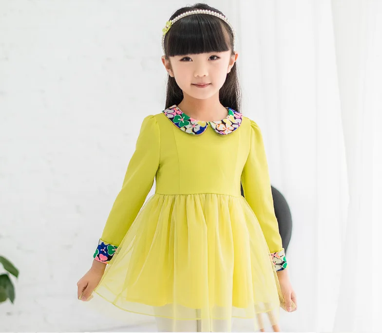 2014 Spring Autumn Chiffon Lace Lovely Flower Casual Long Sleeve Princess Baby Girl Children's Dresses Clothing Yellow | Детская
