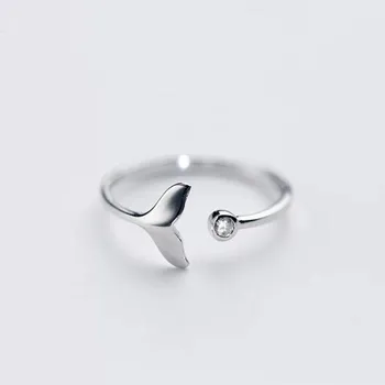 New Arrival Personality Beautiful 925 Sterling Silver Jewelry Fishtail Fish Wave Crystal Opening Rings SR74