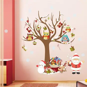 

Cute Owlet On Tree Merry Christmas Wall Stickers For Kids Room Home Art Xmas Wall Decals Decoration Santa Claus Festival Mural