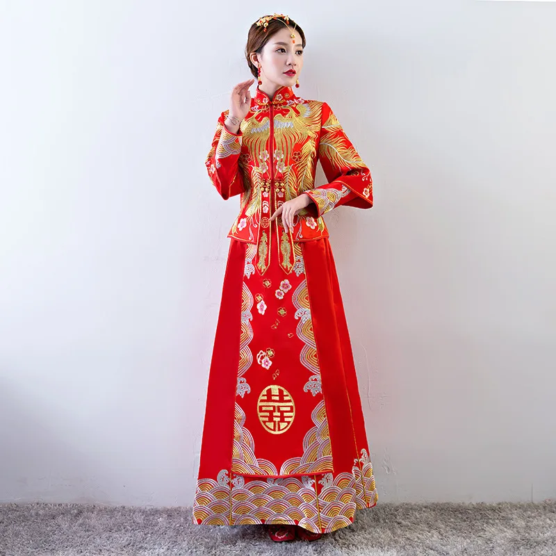 

Phoenix Noble Bride Marriage Dress Gown RED Chinese Female Wedding Cheongsam Suit Vestidos Embroidery Stage Show Qipao XS-XL