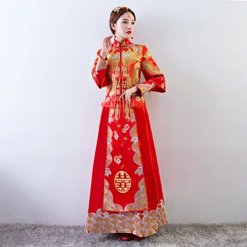 

Phoenix Noble Bride Marriage Dress Gown RED Chinese Female Wedding Cheongsam Suit Vestidos Embroidery Stage Show Qipao XS-XL