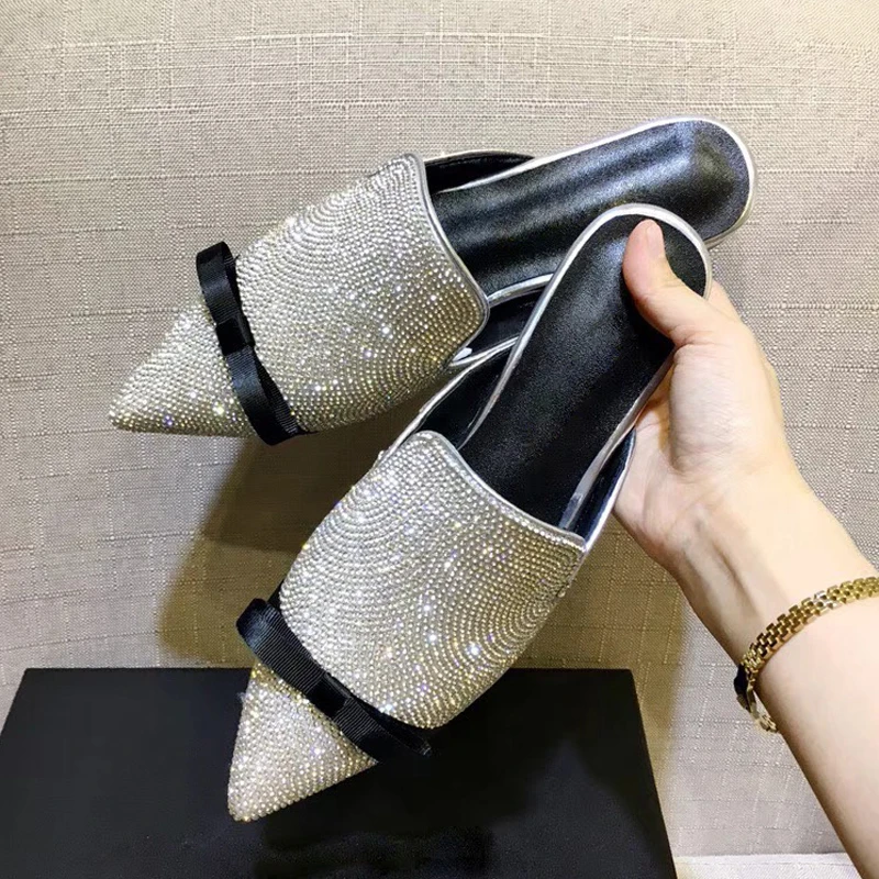 

Hanbaidi 2018 Bling Bling Rhinestone Diamond Slippers Women Pointed Toe Bowtie Flat Gladiator Sandals Woman Fashion Wedding Shoe
