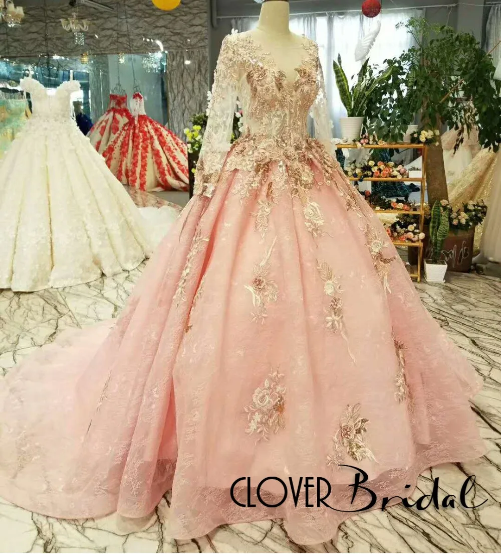

CloverBridal pearls long sleeves 50cm train lace pink wedding dresses for bride 2017 free customize sequined lace appliques