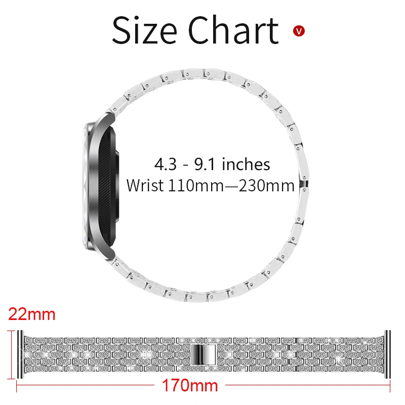 22мм ремешок для часов Для HONOR Часы GT / Galaxy Watch 46мм Роскошные бриллиантовые кольца с бриллиантами Ремешок из нержавеющей стали Ремень быстрой замены с регулируемой пряжкой для Samsung Gear S3 Frontier Classic