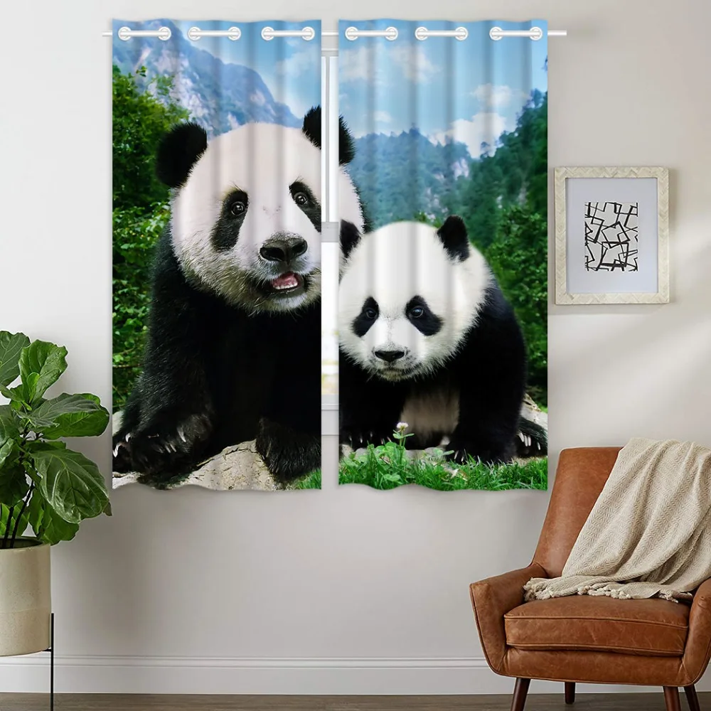 

HommomH Curtains (2 Panel) Grommet Top Darkening Blackout Room Cute Panda Mother And Child Mountain Forest Green