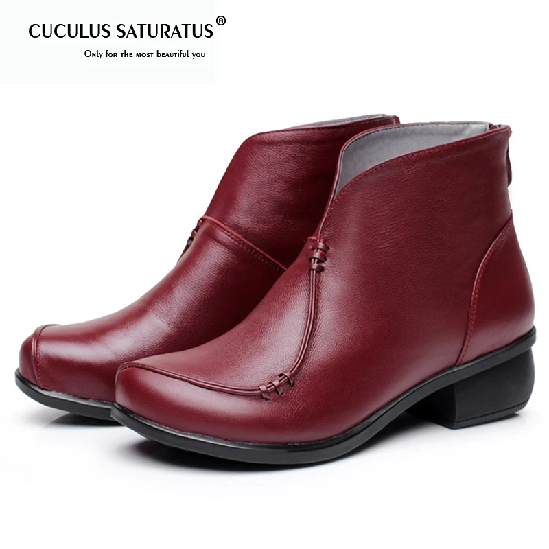 

Cuculus 2019 New Autumn lady Winter Square Heels Short Shoes Genuine Leather Boots Back Zipper Women Ankle Boots 1723