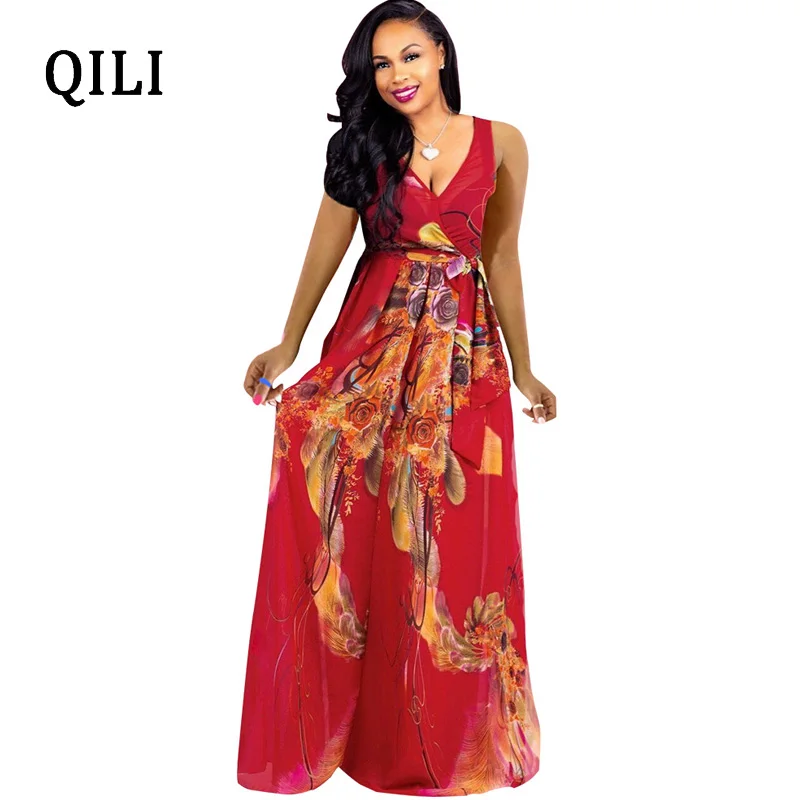 Dark red QILI шифоновое платье с принтом пляжное Повседневное длинные плате макси в стиле "Бохо" Для женщин элегантные платья без рукавов с принтом в виде свободное платье плюс Размер 11 Цвет - Цвет: Dark red