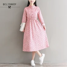 Mori girl robe Femme весна осень розовое милое платье Vestidos Женские винтажные вельветовые платья с длинным рукавом и принтом вишни