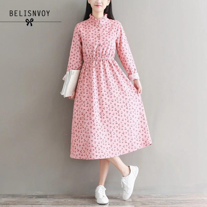 

Mori Girl Robe Femme 2019 Spring Autumn Pink Sweet Dress Vestidos Women Long Sleeve Cherry Printed Vintage Corduroy Dresses