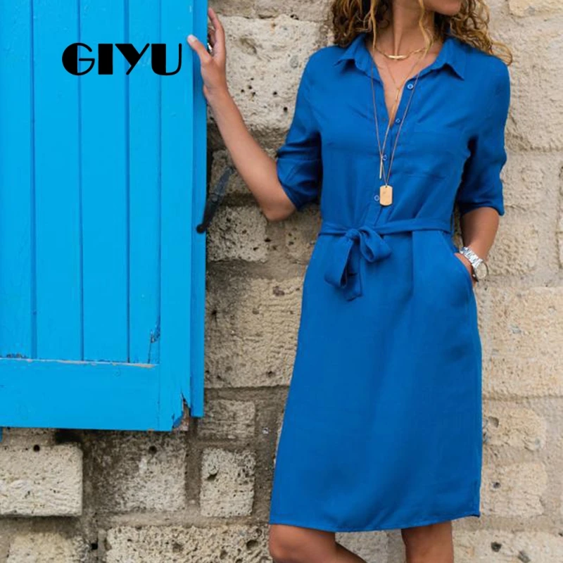 

GIYU Women Shirt Dress with Sash Turn-down Collar Dresses Pocket Vestido Casual Office Lady Empire robe femme
