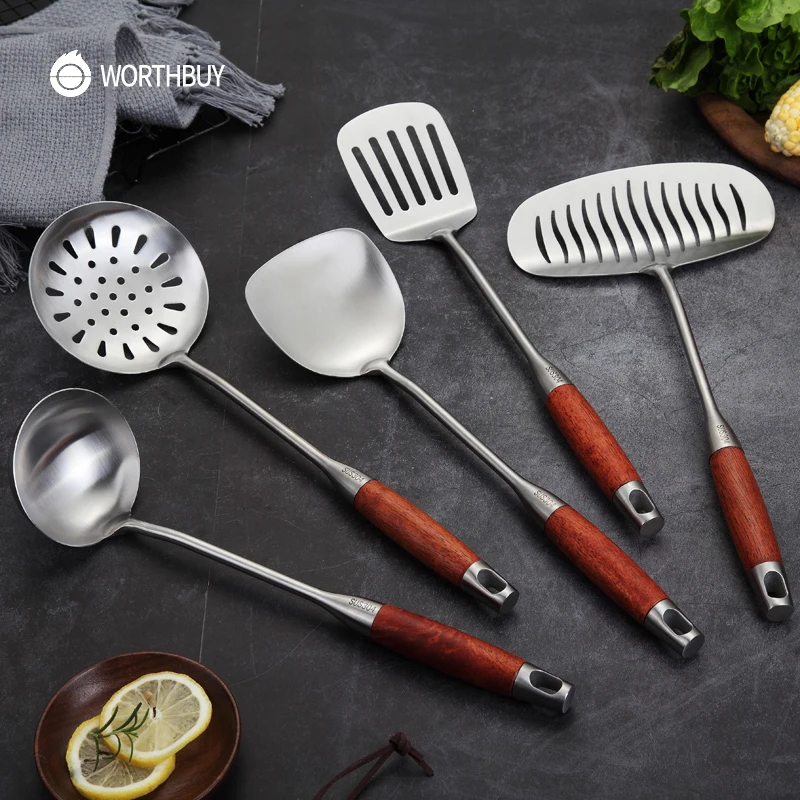 

WORTHBUY Kitchen Utensils 304 Stainless Steel Spatula Shovel Ladle Non-Slip Wooden Handle Kitchenware Kitchen Cooking Utensils