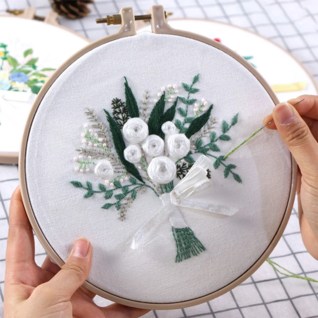 DIY Ribbon Flowers Embroidery Set with Frame Needlework Kits Cross Stitch 
