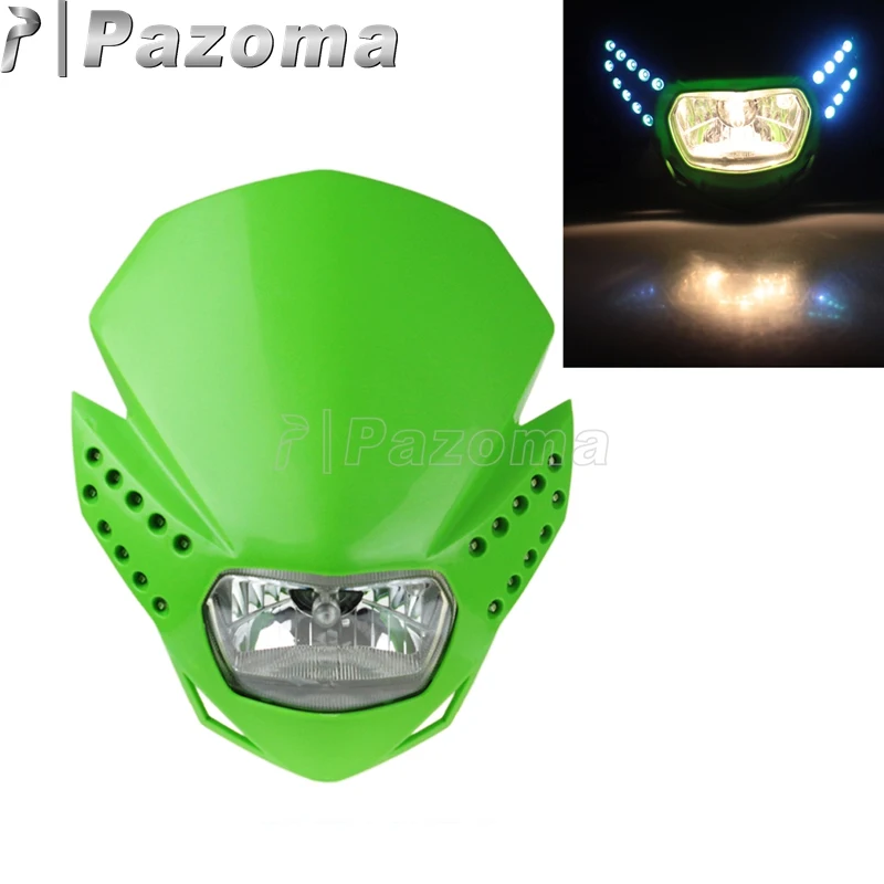 

Green Motorcycles Supermoto LED Headlights Dirt Bike Motocross Headlamp Off Road for Kawasaki KX 65 85 125 KLX KLR KDX KLE 250