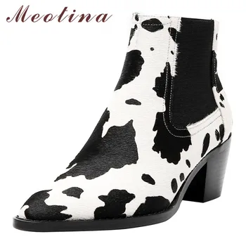 

Meotina Winter Chelsea Boots Women Horse Hair Chunky High Heel Ankle Boots Mixed Colors Pointed Toe Shoes Female Fall Size 34-39