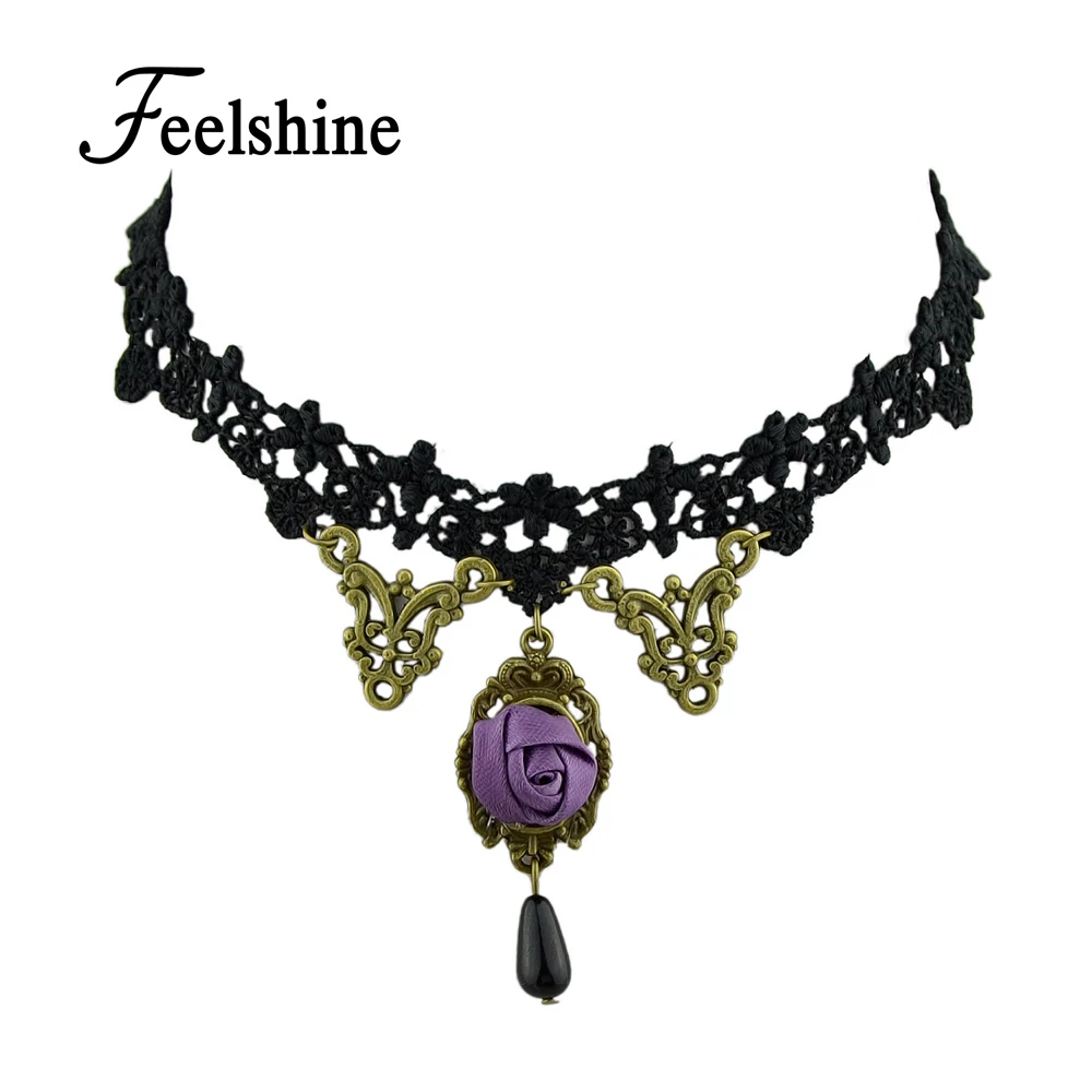 Feelshine Punk Rock Style Gothic Black Lace Rope Hollow Out Chain With Antique Gold-Color Purple Flower Choker Necklace | Украшения и