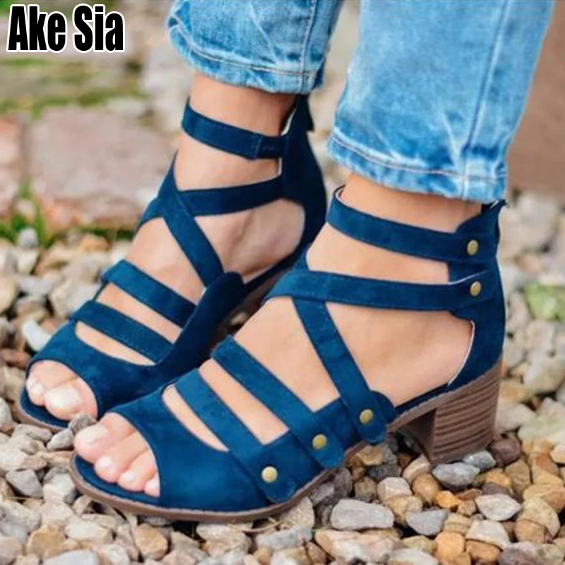 

Ake Sia New Women Female Ladies Fashion Rivets Casual Peep Toe Multi-Strap Med Chunky Heeled Heels Hollow Out Sandals Shoes A397
