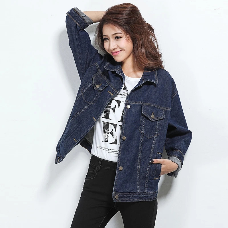 LEIJIJEANS 2018 Spring Plus Size Solid Vintage Blue Turn Down Collar Full Sleeves Standard Outwear Loose Women Denim Jacket 5630