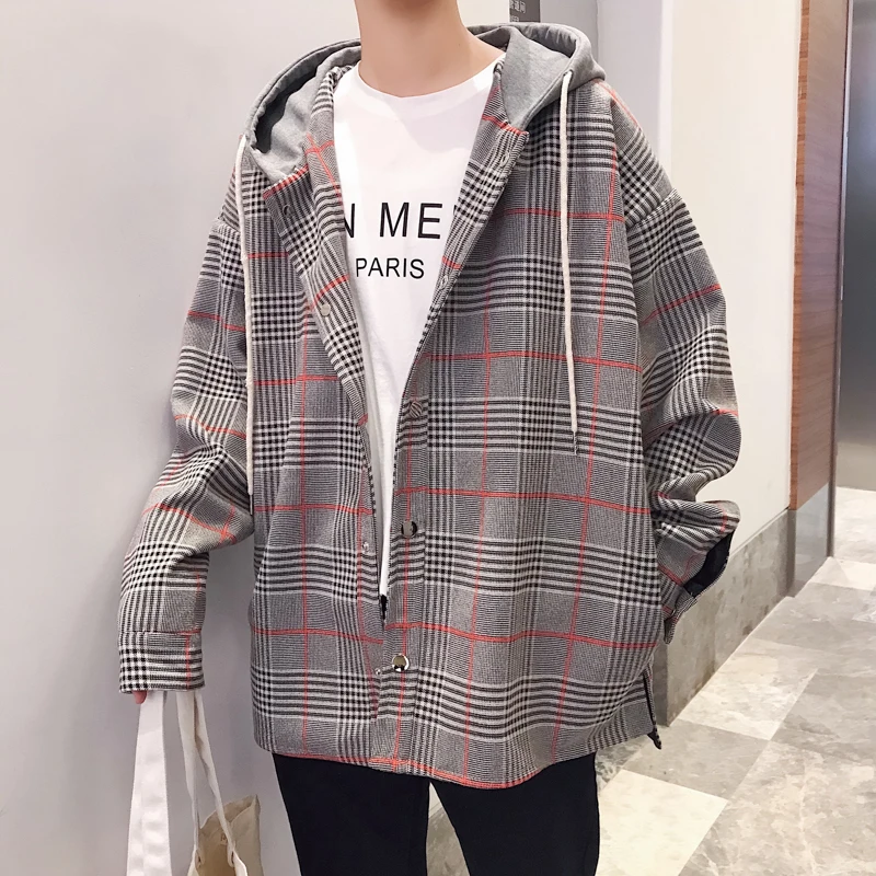 2018 Новая мода городских серый мозаика решетки мужские с капюшоном Повседневная куртка свободные большие размеры молодежи M-2XL; Бесплатная