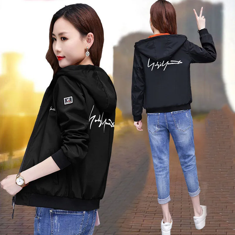 Promo  Spring women Bomber Jacket Zipper hooded Reversible wear Cartoon print outwear 2019 new loose plus 
