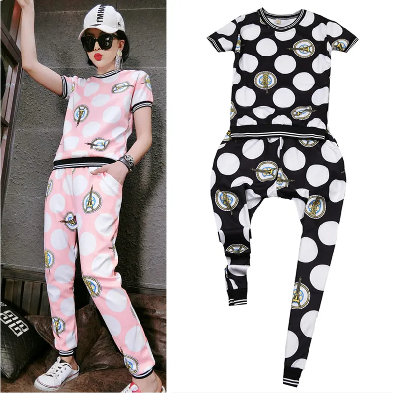 

Spring Summer tracksuit for women runway set casual pant suits polka vintage retro print 2 piece set top and pants suits NS572