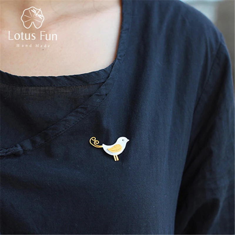 Lotus Fun Real 925 Sterling Silver Designer Handmade Fine Jewelry Adorable Little Jay Bird Brooches Pin Badge Broche For Women-0