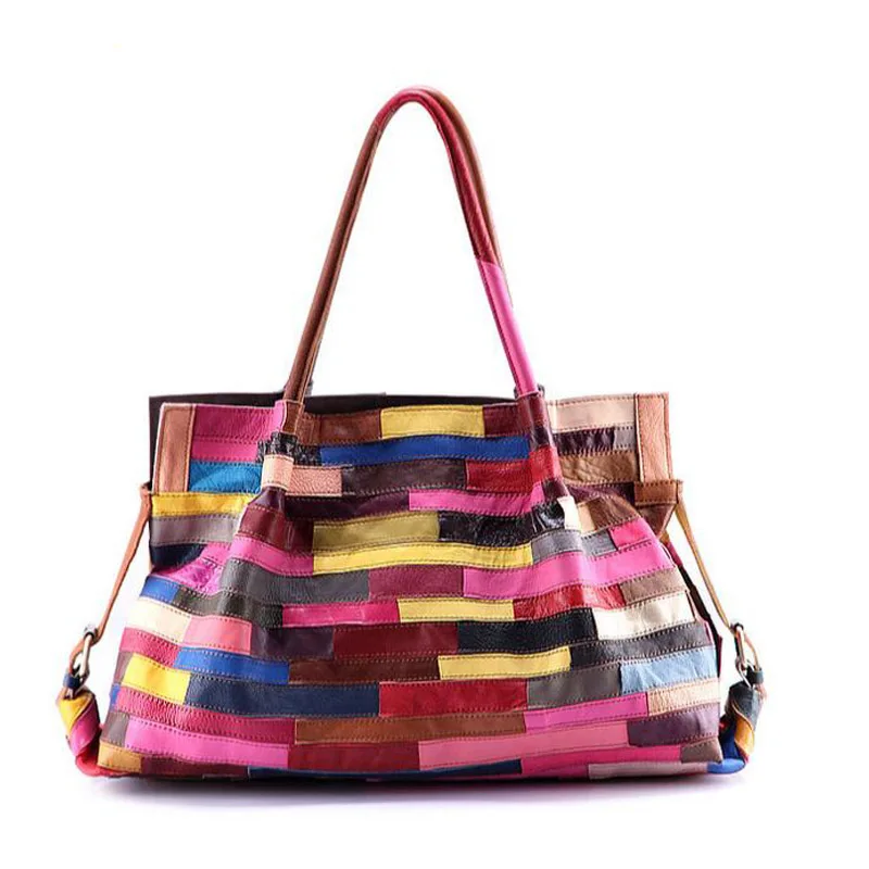 

Leather splicing women's shoulder bag oblique bag foreign trade capacity female cowhide bag girl