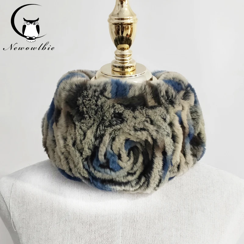 

High elasticity Knitted Rex Rabbit Fur Scarves Multi-color stitching Women Fashion Casual Nature Rabbit Fur Ring Scarf Warm Fur