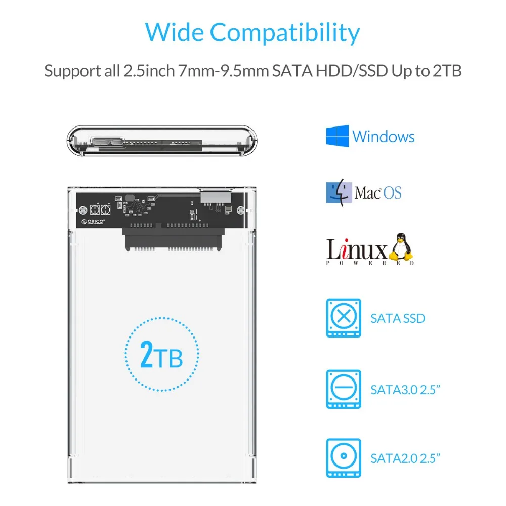 ORICO Прозрачный чехол для жесткого диска 2139U3 2,5 дюйма Sata для USB 3,0 адаптер высокоскоростной корпус жесткого диска для samsung Seagate SSD