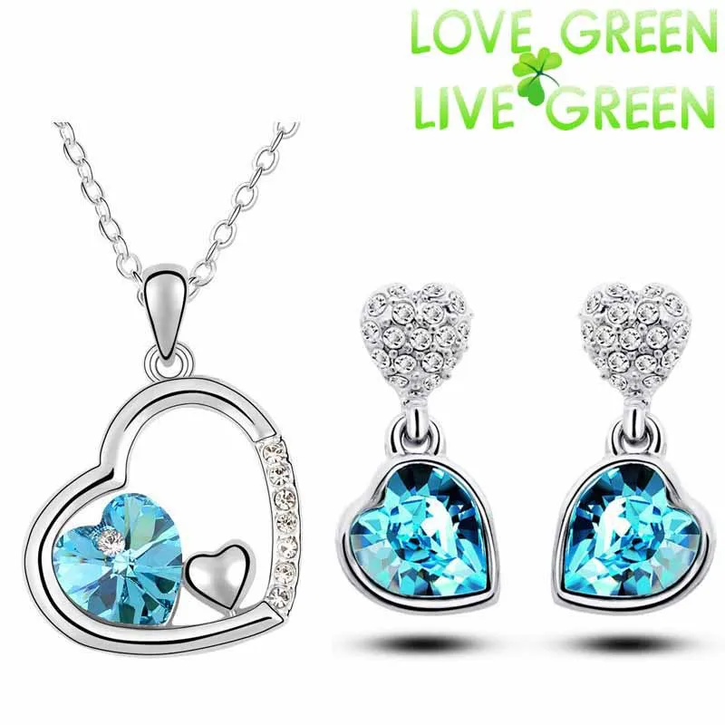 Free Shipping top quality girl women accessories bridal 18K white Gold Plated Crystal double heart Necklace Earrings jewelry Set