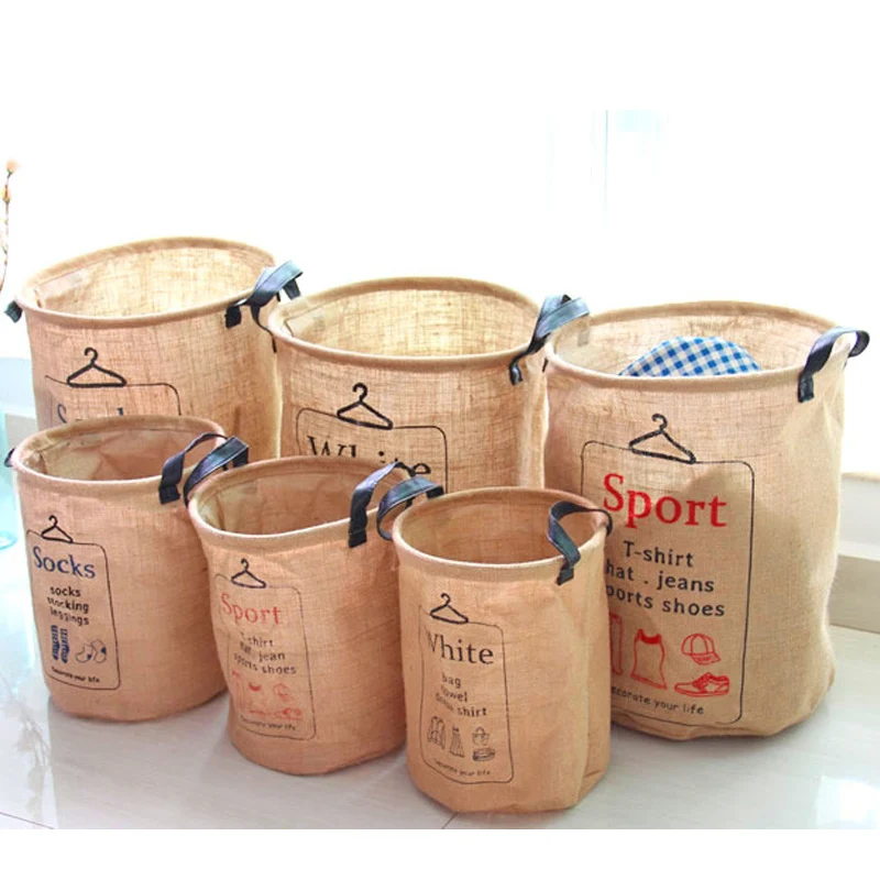 Folding Cotton &Linen Storage Baskets With PU Handle Circular Storage