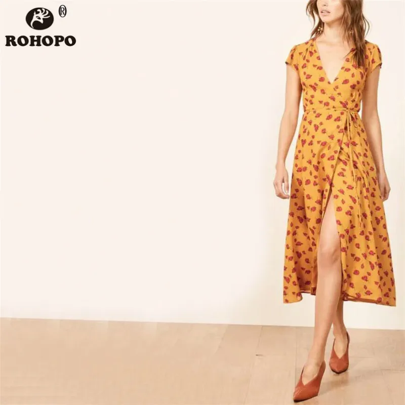 

ROHOPO Double Layers Women Rose Printed Midi Dress Orange Elegant Sashes Pleated Wrap Maxi Vestido With Lining #YY027H
