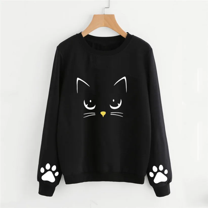 Дизайн, Женский пуловер с милым принтом в виде кошачьей лапы для девочек, свитер осень-зима-весна, женская блузка с круглым вырезом, рубашка, 81204 - Цвет: BK