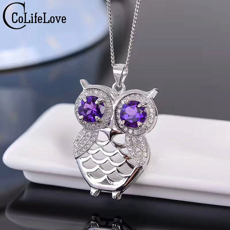 Cute owl necklace pendant inlay with 6mm natural amethyst pendant solid