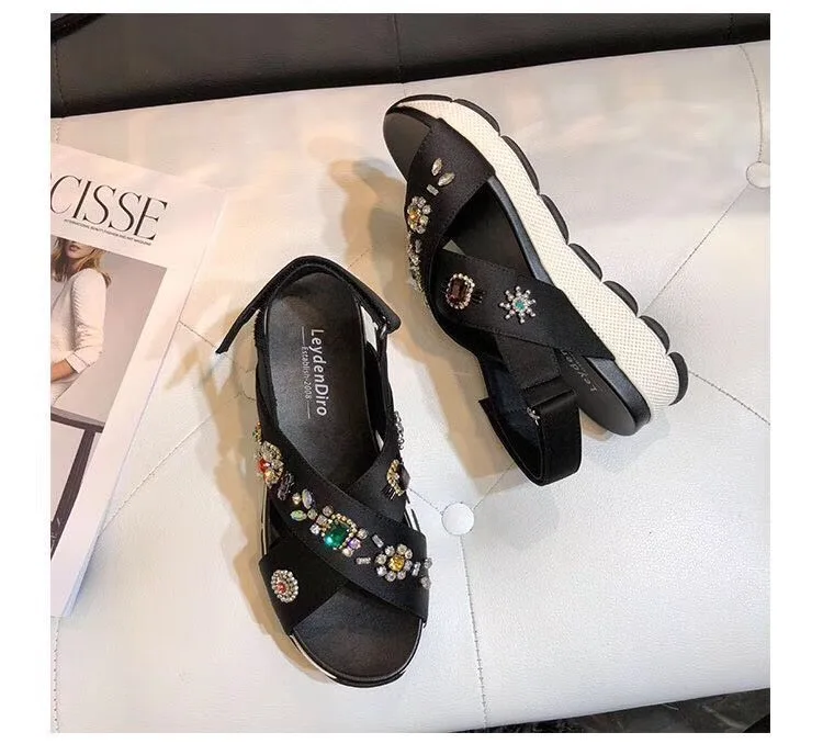 women's summer slippers high-heeled leather rhinestone sandals outdoor casual sandals flip-flops thick sandals