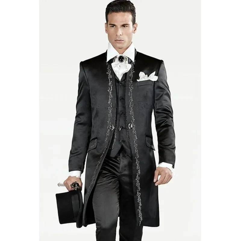 

2018 Slim Fit Embroidery Groomsmen Tuxedos (Jacket+Pants+Vest) Bespoke Black Groom Wedding Men Suit Set Prom Mens Suits Blazers