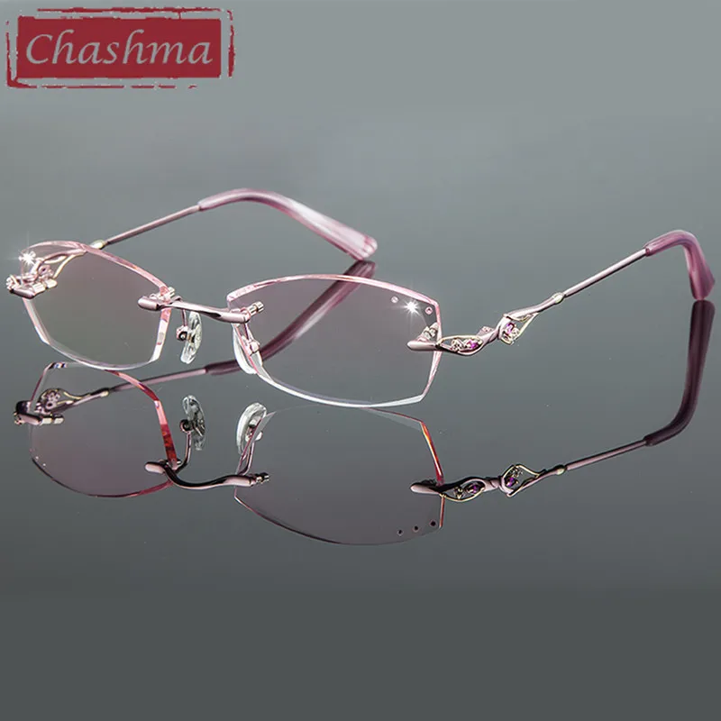 Chashma титановые Модные женские очки для глаз, алмазная оправа без оправы для очков, Женские оправы для очков, цветные линзы