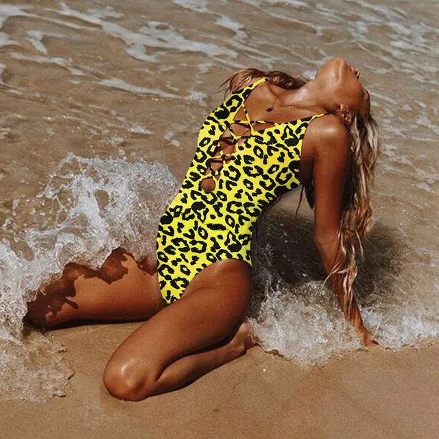 US $9.36 2020 women one piece swimsuit sexy leopard print swimwear push up bathing suits bandage cross femal