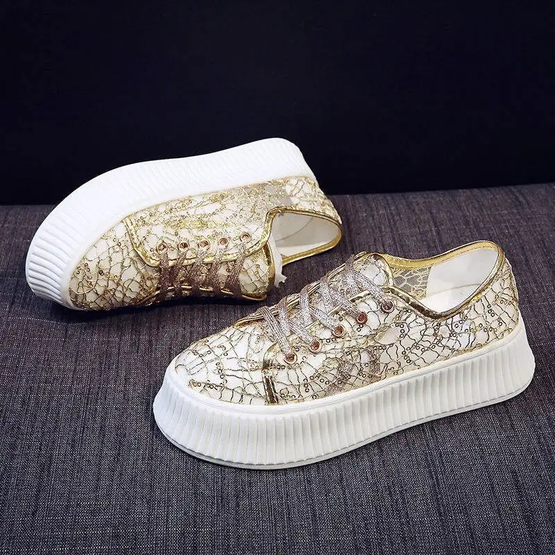 

SMTZZJ Luxury Brand Designer women Gold Silver Lace Floral Hollow Flat Shoes Spring Summer Thick Bottom Sneakers Flat