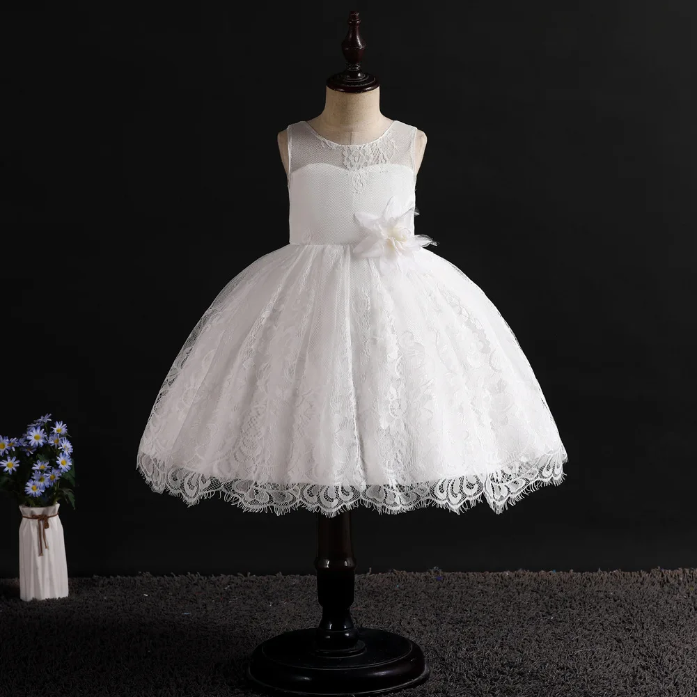 

2019 Summer New Girls White Princess Dress Flower Girl Dressesfor Wedding And Party Lace Tulle Flower Decoration Ball Gown