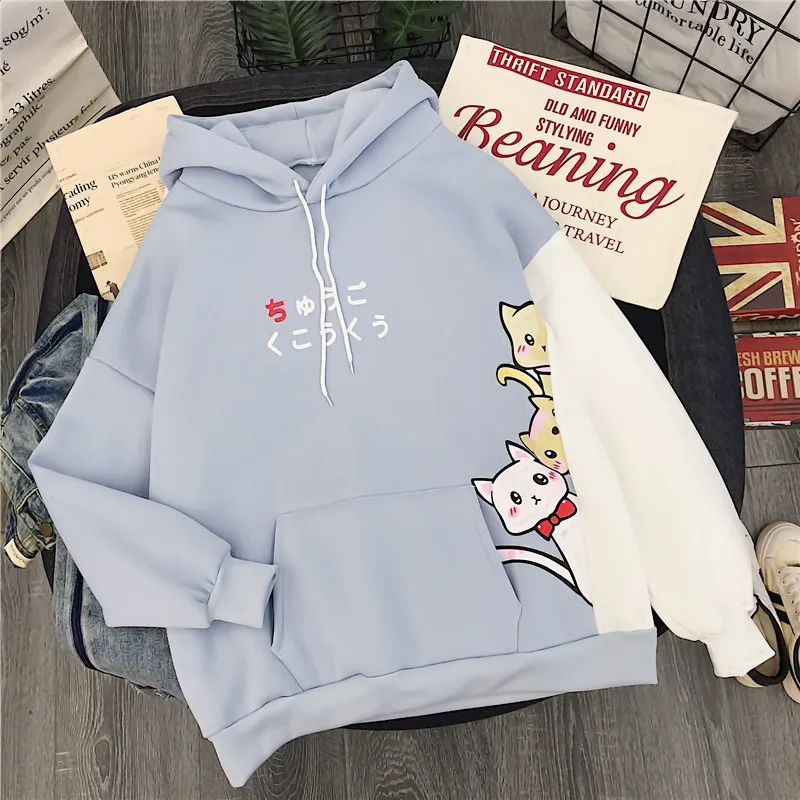 6833 blue Толстовки женские Ulzzang зимние теплые мягкие Kawaii Мультфильм Печатных Женщин Пуловер С Капюшоном длинным рукавом корейский стиль дамы кофты - Цвет: 6833 blue