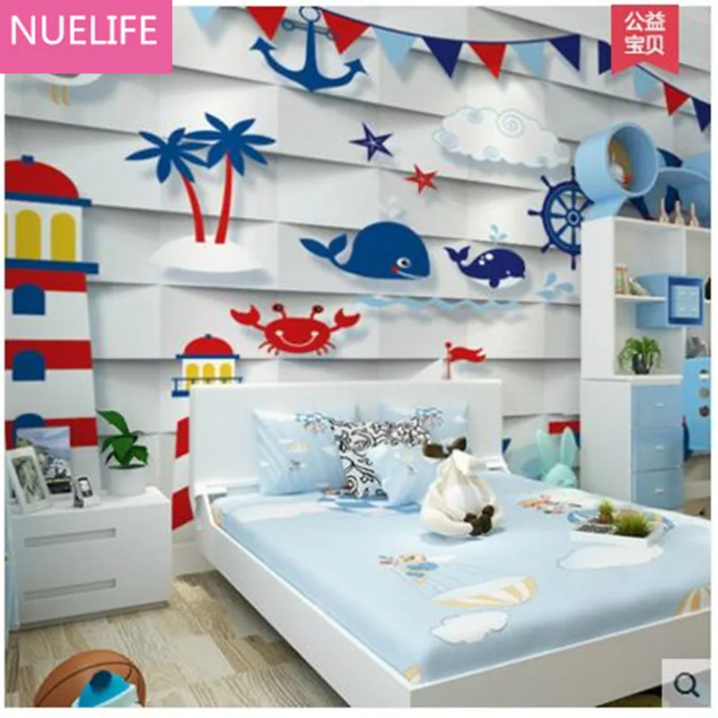 

0.53x10m dolphin cartoon lighthouse pattern large fresco wallpaper boy Mediterranean children room bedroom background wallpaper